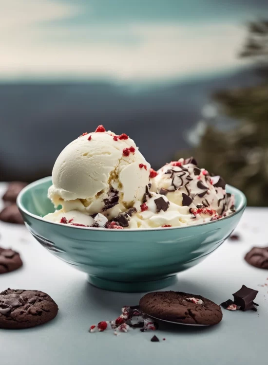 Two Scoops of peppermint bark ice cream in a bowl surrounded by chocolate cookies